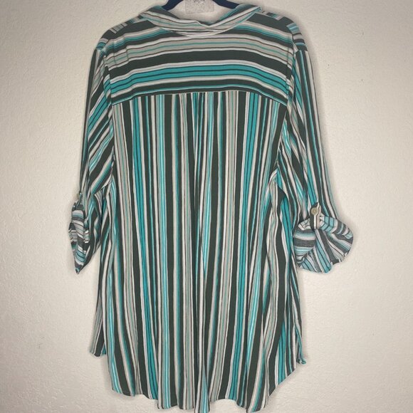 Catherines Button-Front Tunic Top Womens 2X 22/24W Striped Roll Tab Sleeves Ligh - Picture 4 of 8